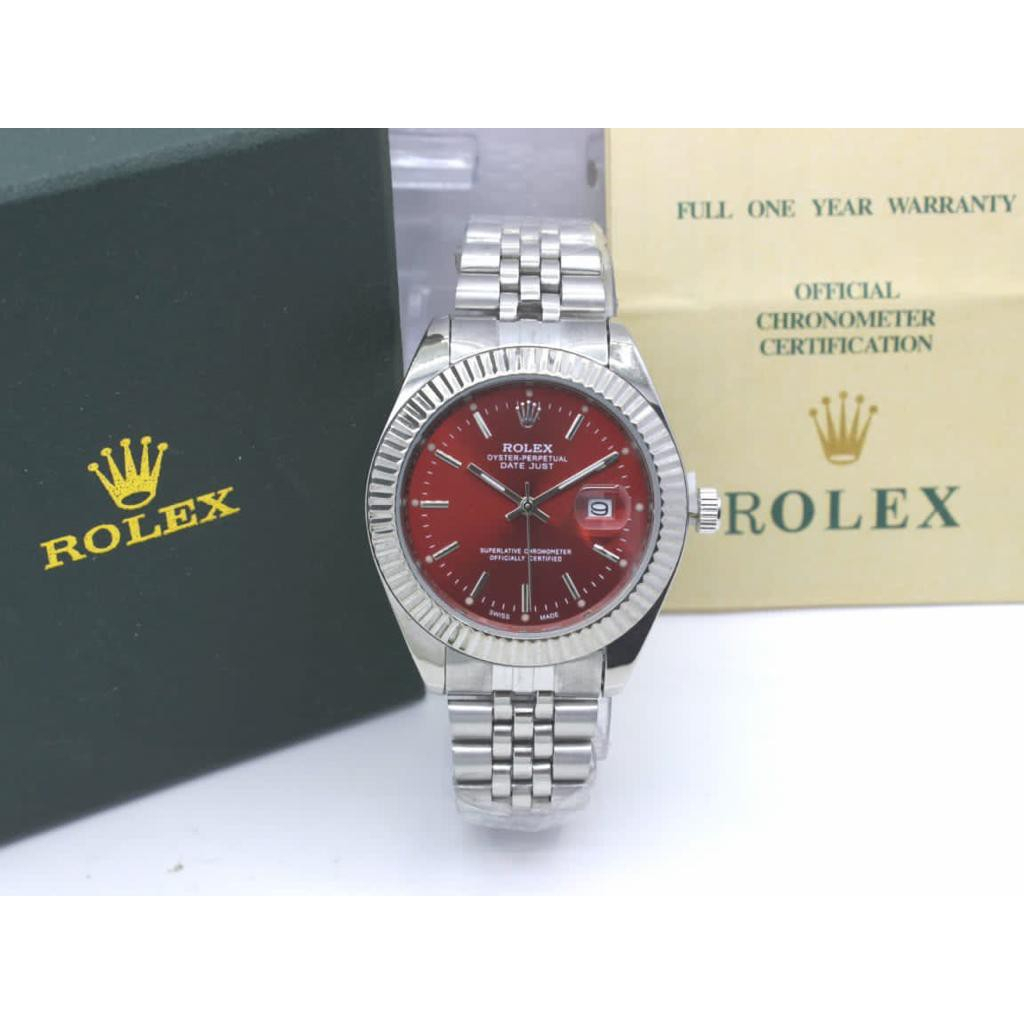 Jam Tangan Pria Rolex Tali Rantai Silver Plat Warna Free Kartu Body Bulat Gerigi Tanggal Aktif Box E