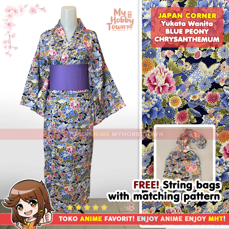 Yukata Kimono Wanita : Blue Peony Chrysanthemum