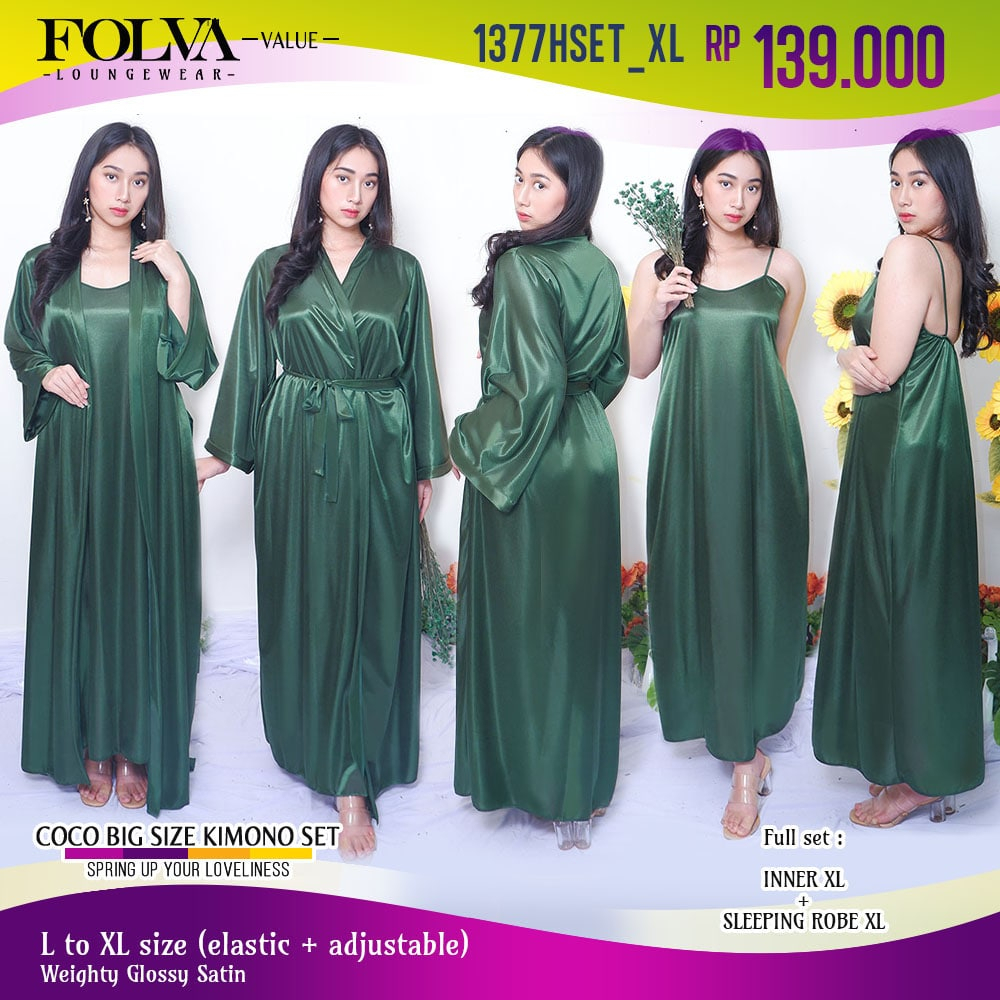 FOLVA kimono set panjang piyama satin 1377HSET_XL hijau big size jumbo