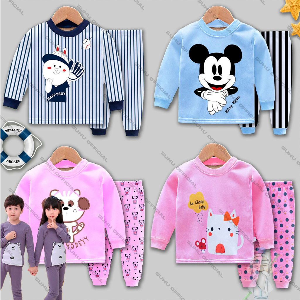 SUHU BABY Baju Tidur Anak / Setelan Piyama Bayi / Setelan Kaos Lengan Panjang Import Laki Laki Perempuan