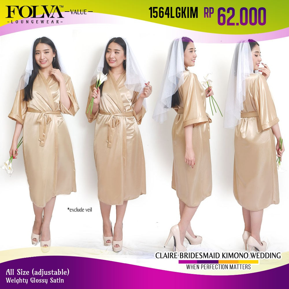 FOLVA bridesmaid kimono wedding baju tidur satin 1564LGKIM gold