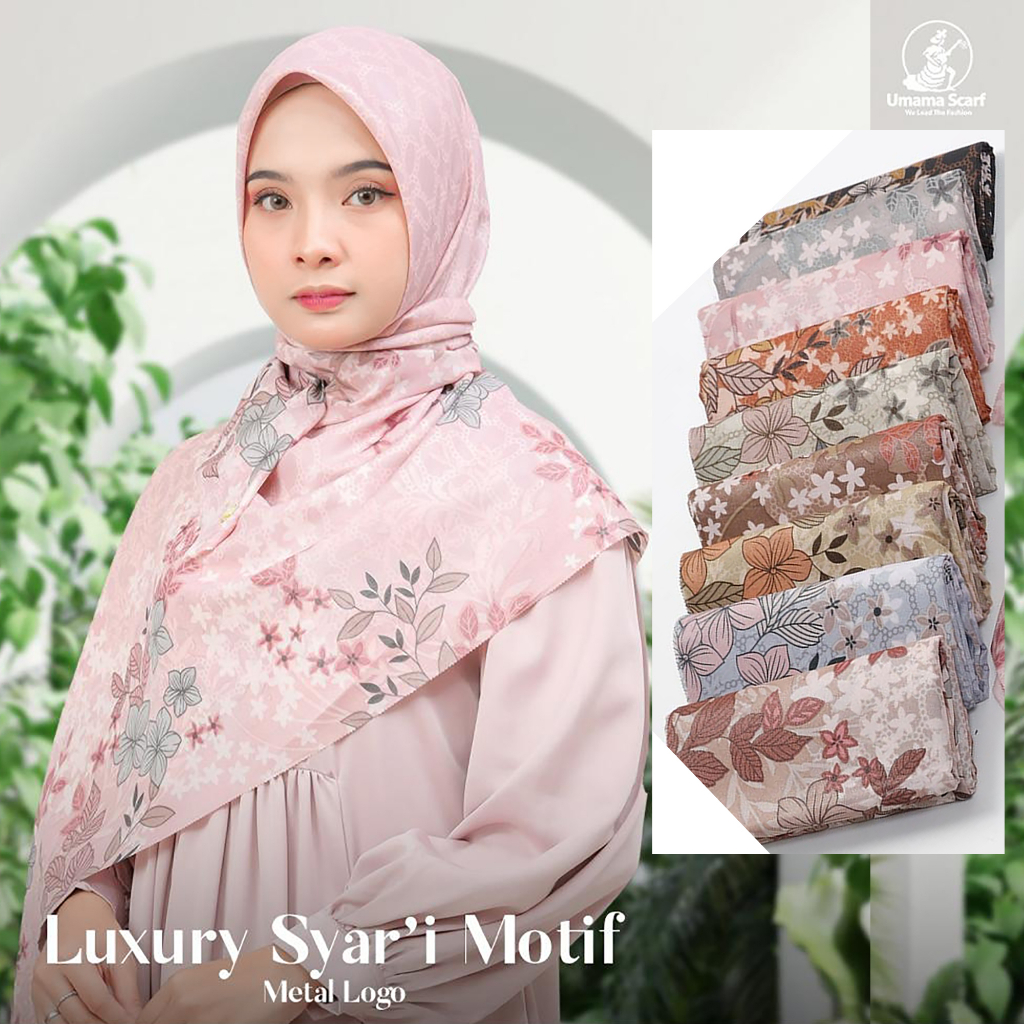 Jilbab Segiempat Syari  LUXURY PRINT Motif UMAMA LC 130 x 130 cm  kode SF metal logo bahan Cotton Lurex Glamour original PREMIUM