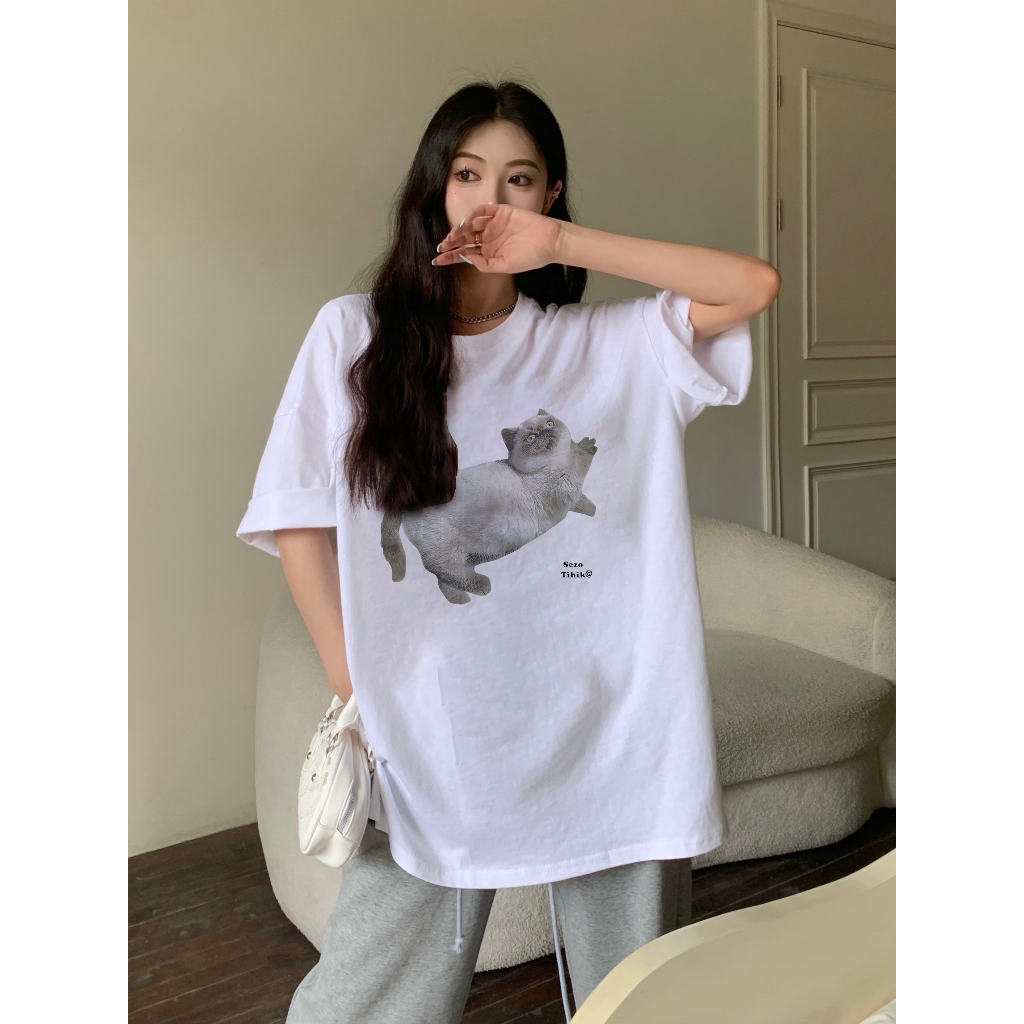 XiaoZhaiNv Kaos Atasan Oversize Wanita Cat Pattern Lengan Pendek A0798