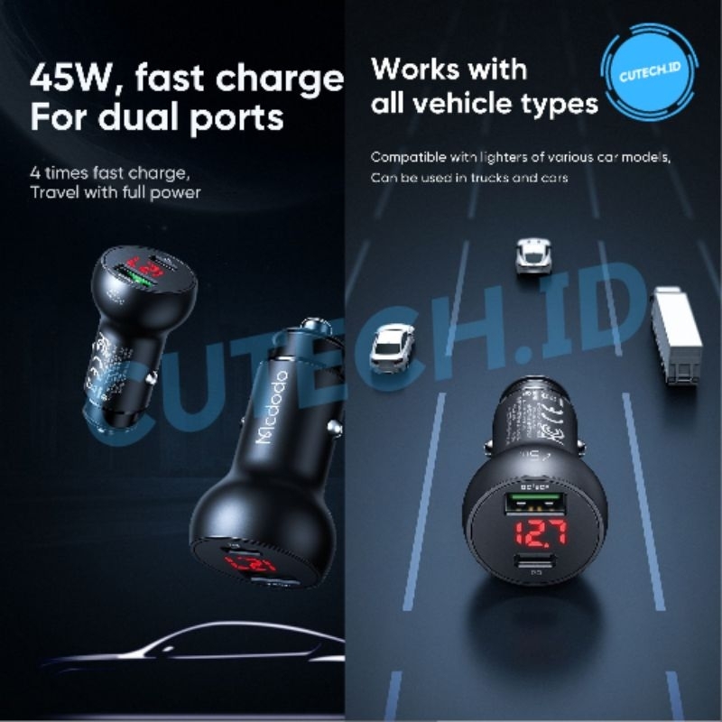 MCDODO CAR CHARGER MOBIL 45W DUAL PORT 5A USB + TYPE C PD QC SUPER FAST CC-7030