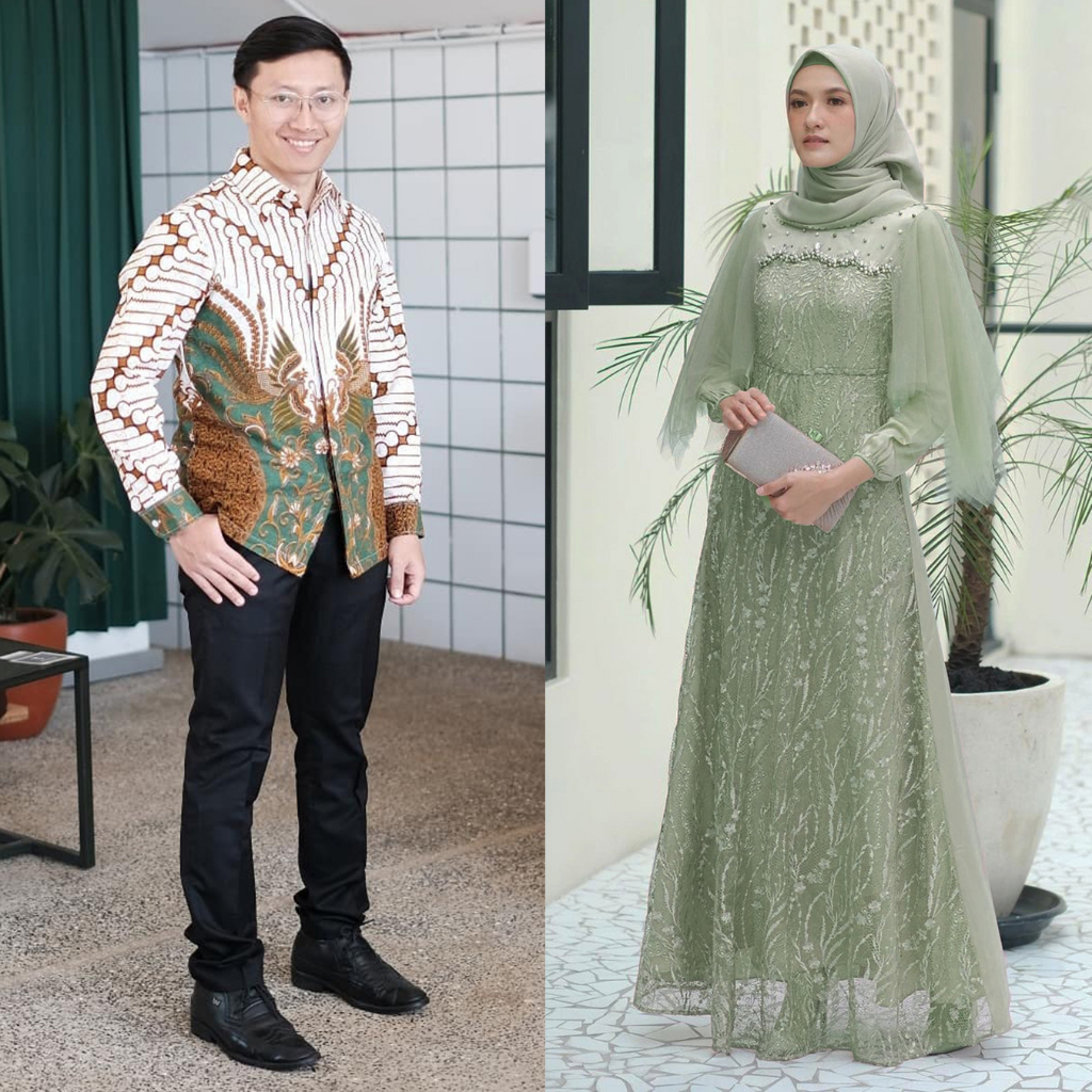 BATIK COUPLE - Gamis Couple SARIMBIT Dress Kondangan Dan Lebaran Modern Dress Satin Mix Brokat Payet Premium Dress Sarimbit Modern