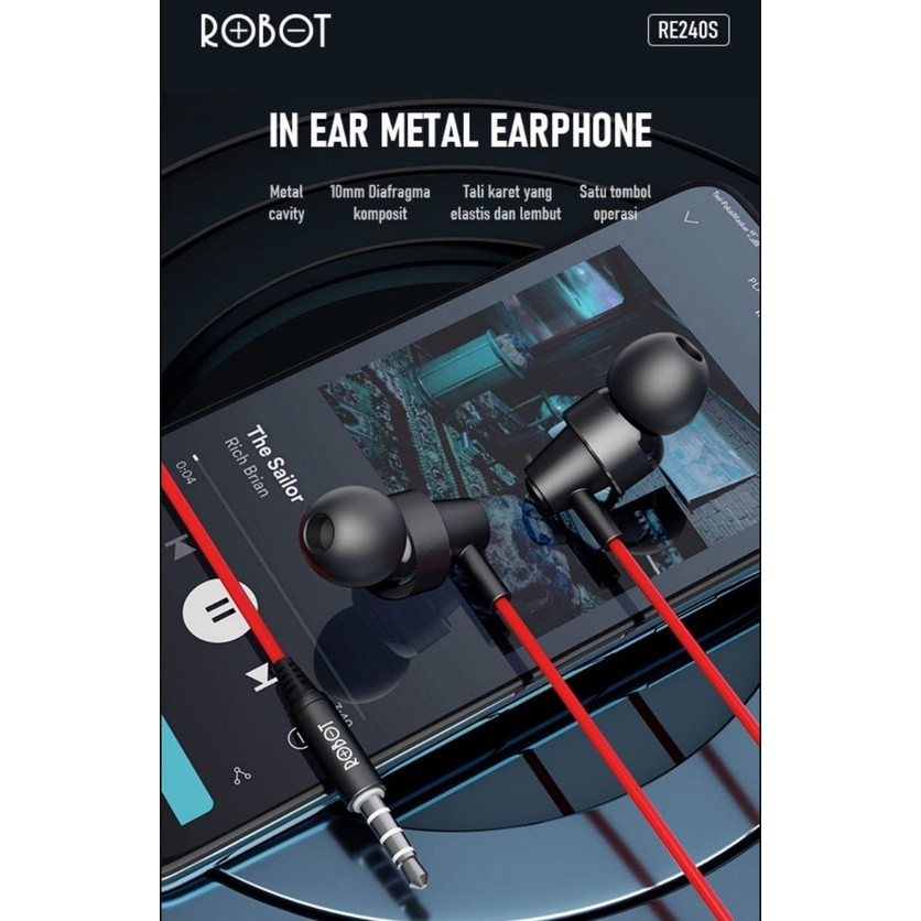 Headset Earphone In-Ear Deep Rich Bass Metal Wired - ROBOT RE240S