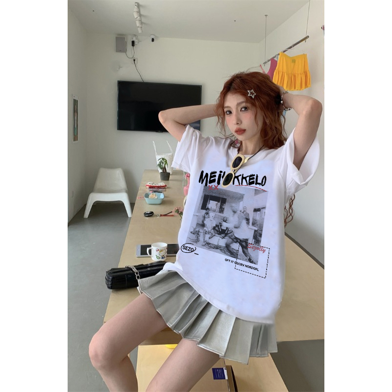 EUNII T-shirt Lengan Pendek Vintage Record Player Printing Korean Style/Kaos Atasan Wanita/Baju Wanita/Kaos Wanita