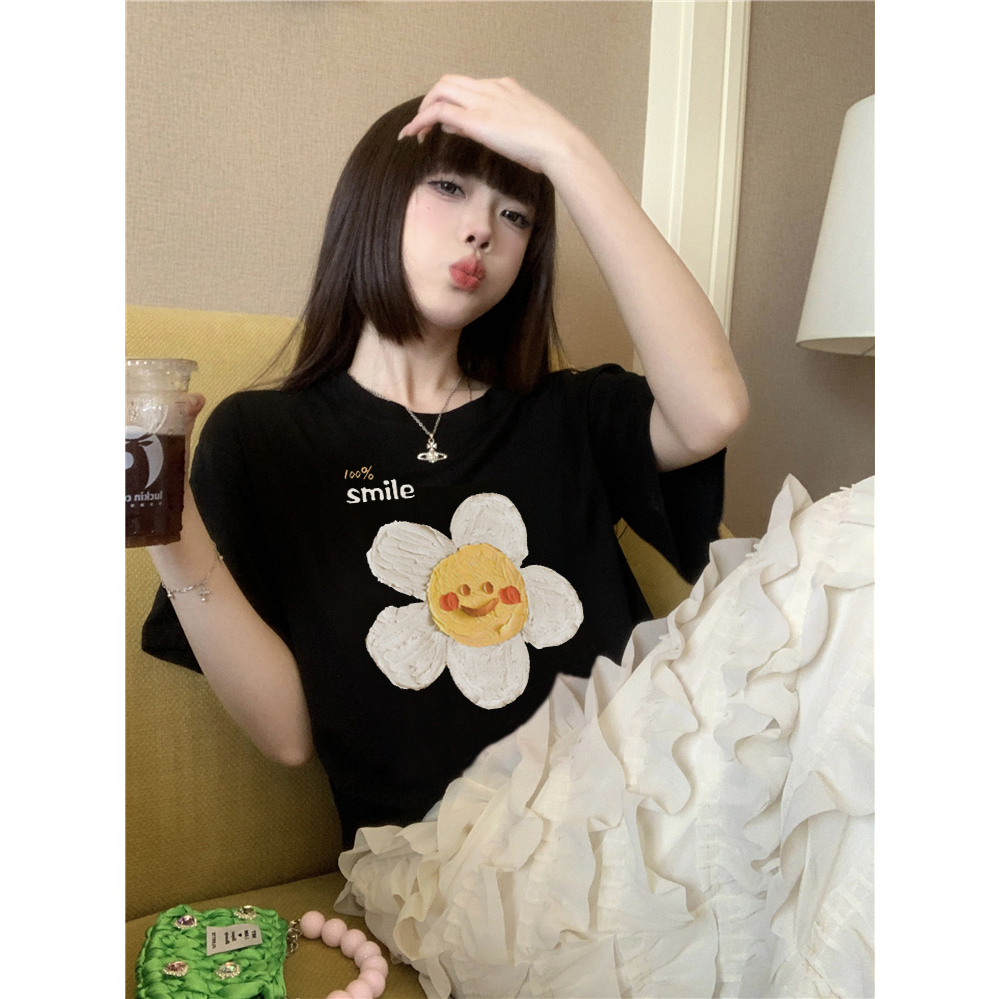 EUNII T-shirt Lengan Pendek Cute Sun Flower Printing Korean Style/Kaos Atasan Wanita/Baju Wanita/Kaos Wanita