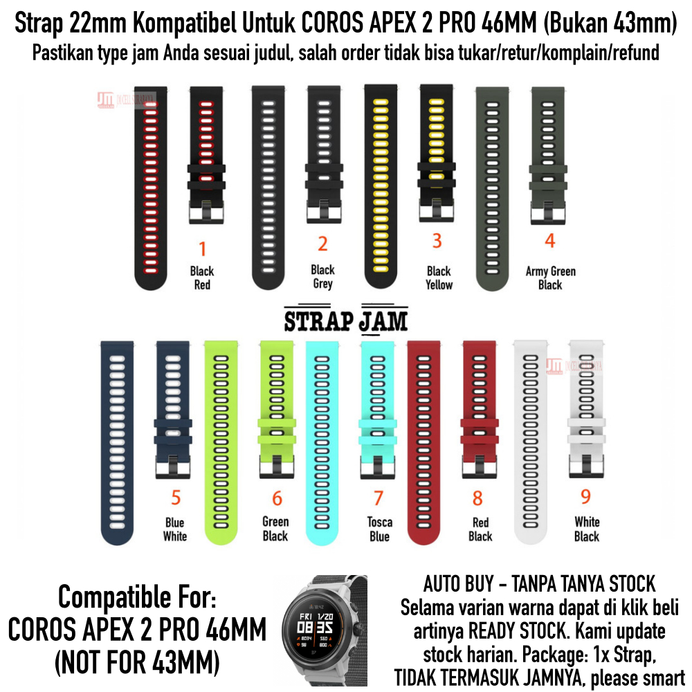 Strap Coros Apex 2 Pro 46mm - Tali Jam Tangan 22mm Silikon Dual Tone Quick Release
