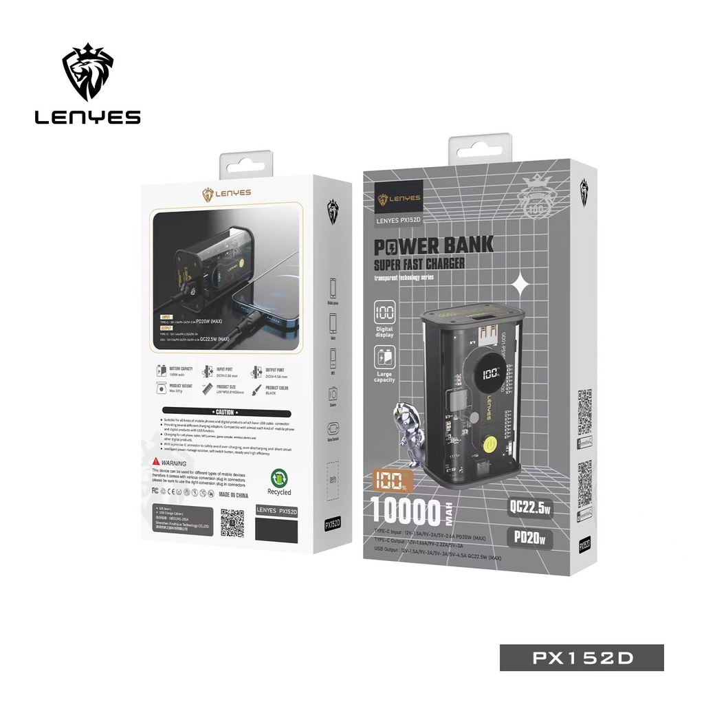 LENYES PX152D 10000mAh 22.5W + PD20W Transparan Powerbank Super Fast Charging Digital Display Indicator Real Capacity PROMO SEN