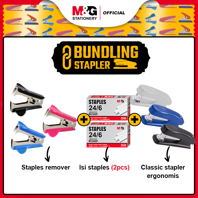 

BUNDLE M & G Staples Remover / Pencabut Staples / Pembuka Staples / Pelepas Isi Staples 24/6 + Isi Staples / Isi Hekter / Isi Jepretan / Isi Stapler Ukuran 24/6 (2PCS) + Staples Stapler Jepretan Hekter Classic Ergonomis 3 Warna MGS-12 Isi 24/6