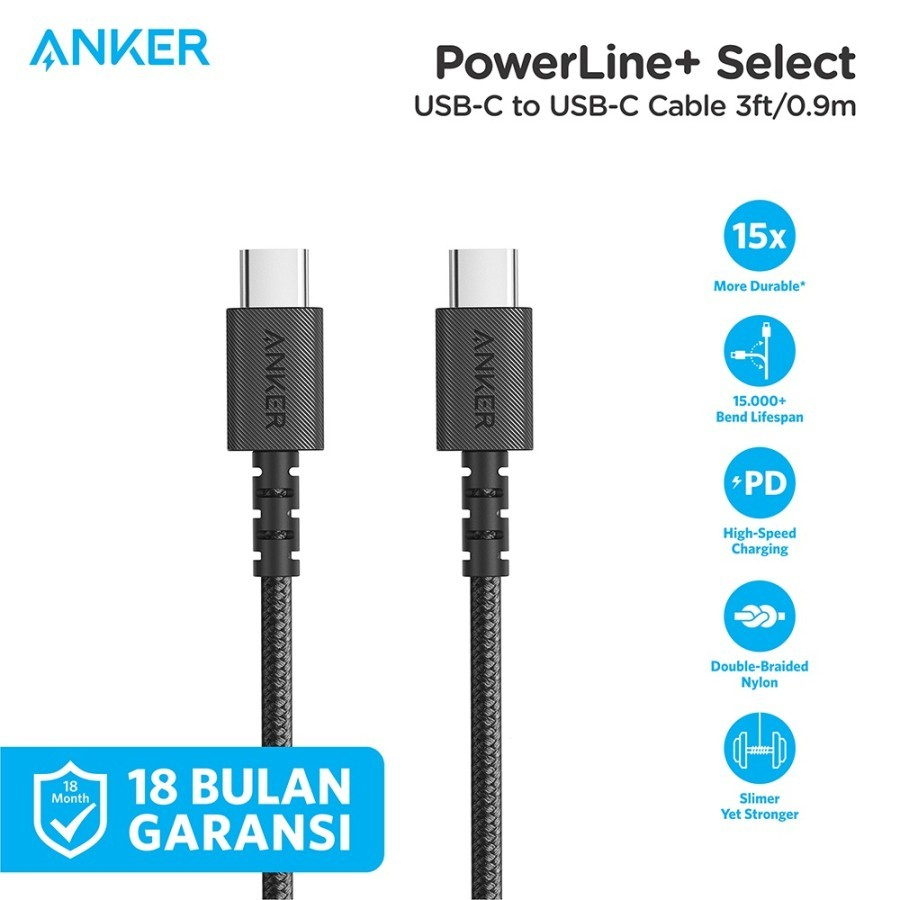Kabel Charger Anker Powerline Select+ C to C 2.0 3ft A8032