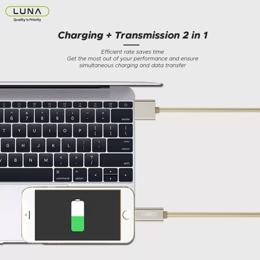 Luna Cable Data Lightning to USB Fast Charging 2.4A Braided Alumunium