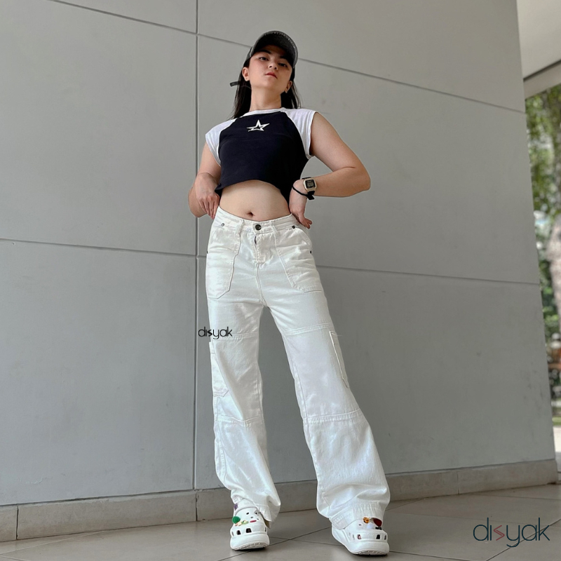 DISYAK - Cargo Pants Loose Highwaist Jeans Non-Stretch Broken White 115-215