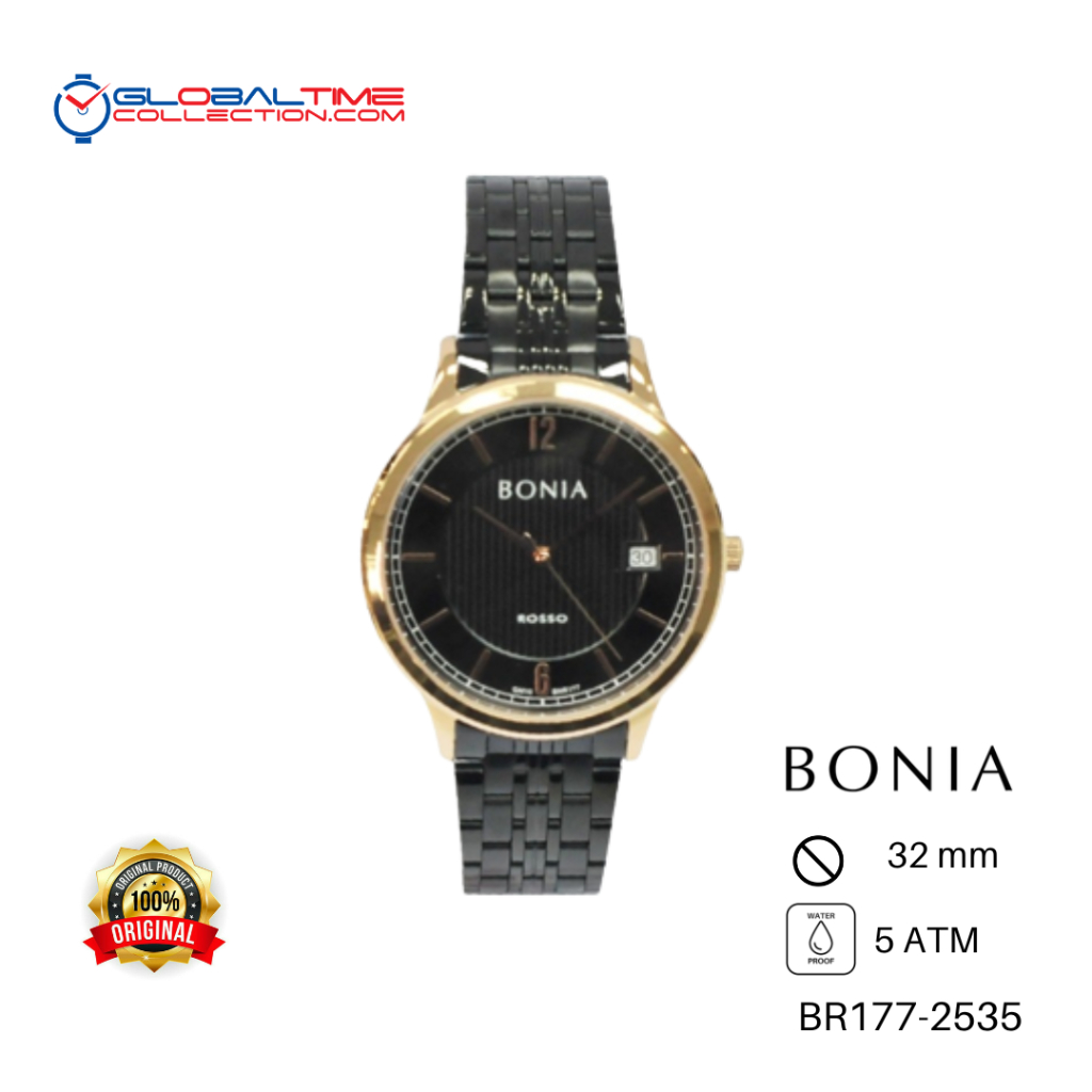 Jam Tangan Wanita Original Bonia BR177-2535 Rantai Hitam Rose Gold