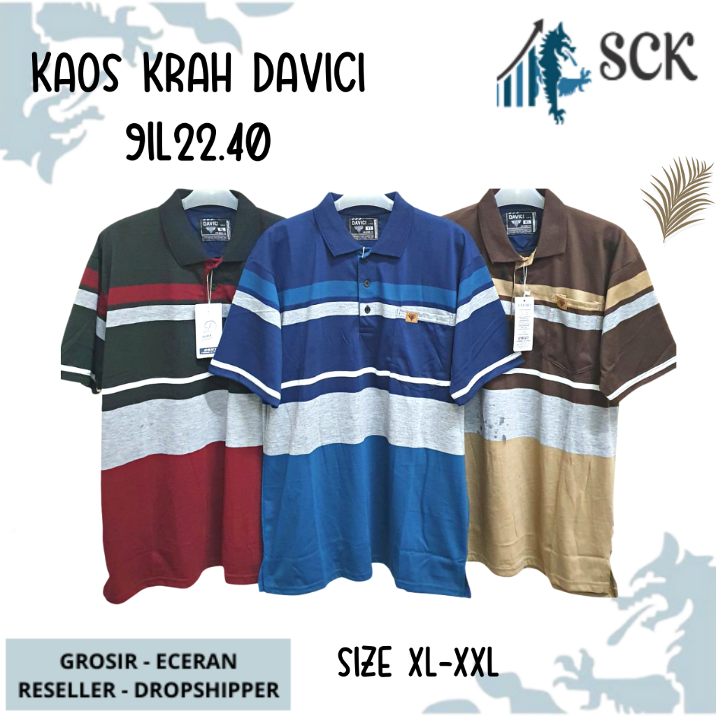 Kaos Kerah Pria DAVICI 2240 2219 2231 Motif Salur JUMBO Kombinasi Halus Original / Baju Cowok Size M-L - sckmenwear GROSIR