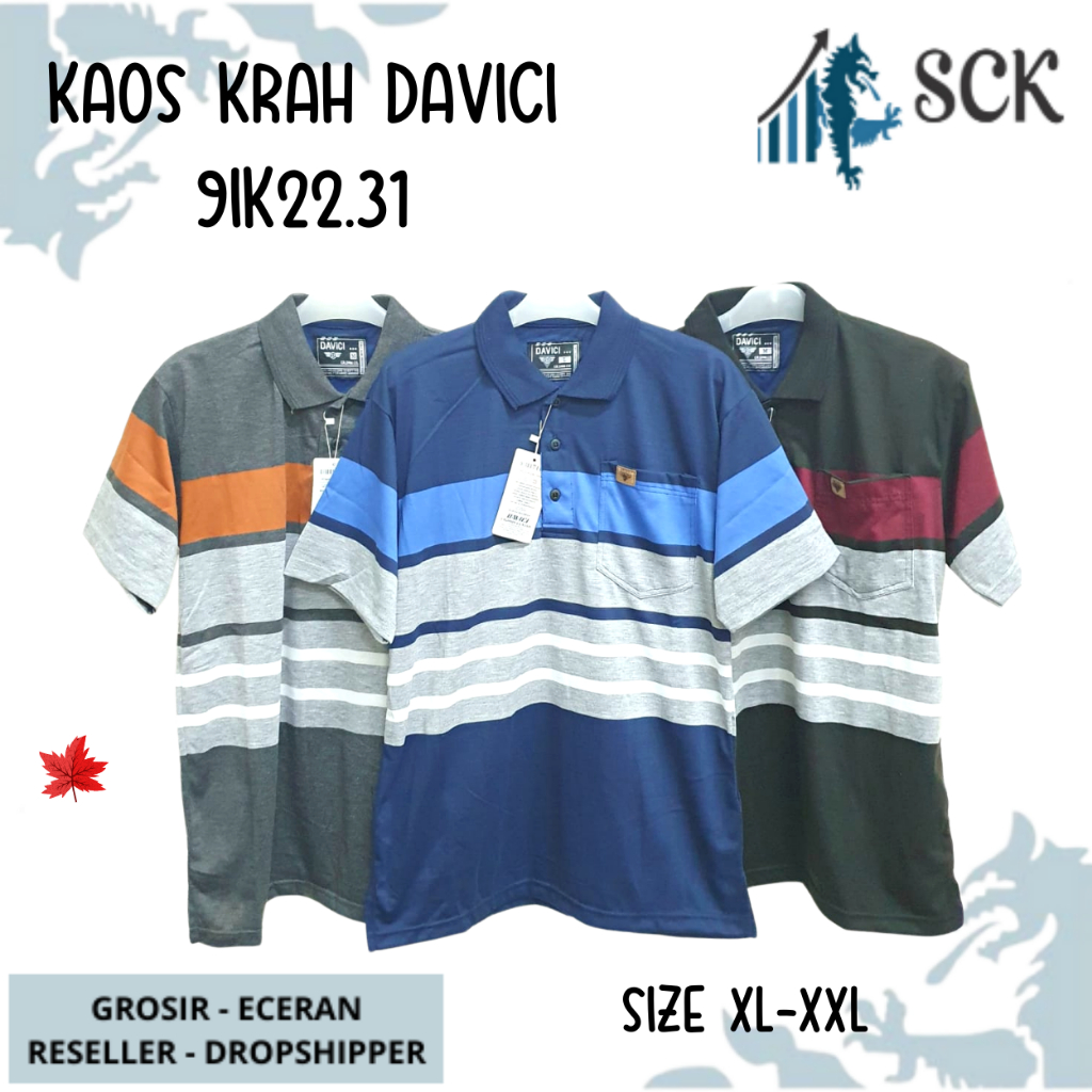 Kaos Kerah Pria DAVICI 2240 2219 2231 Motif Salur JUMBO Kombinasi Halus Original / Baju Cowok Size M-L - sckmenwear GROSIR