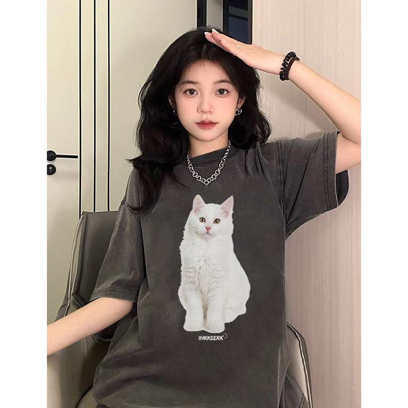 EUNII T-shirt Lengan Pendek Black Washed Vintage Putih Cat Printing Korean Style/Kaos Atasan Wanita/Baju Wanita