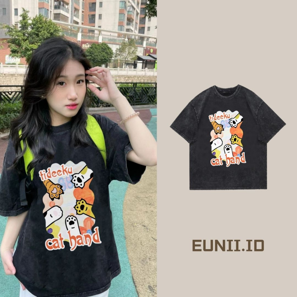 EUNII T-shirt Lengan Pendek Black Washed Cute Cat Paw Printing Korean Style/Kaos Atasan Wanita/Baju Wanita