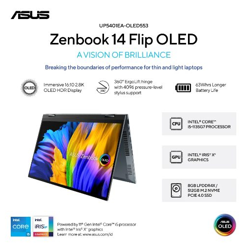 ASUS ZENBOOK FLIP UP5401EA INTEL CORE i5 1135G7 RAM8GB SSD512GB 2.4K OLED WINDOWS 11 DAN OFFICE 2021 ORIGINAL