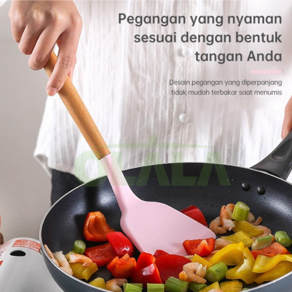 ALAT MASAK SET SPATULA SUTIL SET 5IN1 SILICONE GAGANG KAYU UTENSIL SPATULA SET MULTIFUNGSI OLL-4235/OLL-4236/OLL-4237