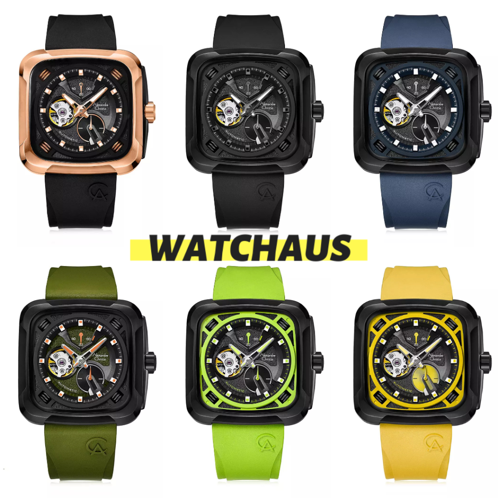 JAM TANGAN PRIA ALEXANDRE CHRISTIE AC6577  AC 6577 AUTOMATIC MAR RUBBER STRAP SQUARE CASE ORIGINAL