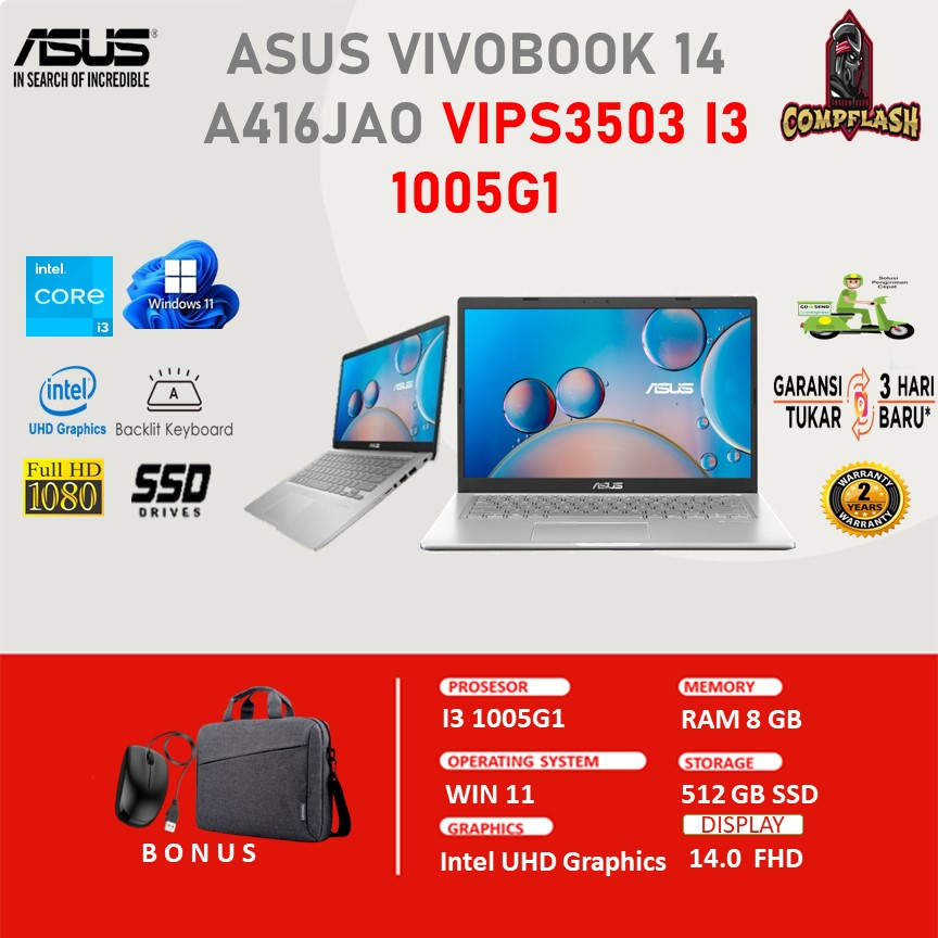 LAPTOP ASUS VIVOBOOK 14 A416JAO VIPS3503 I3 1005G1 8GB 512SSD W11 14.0FHD VIPS BLIT