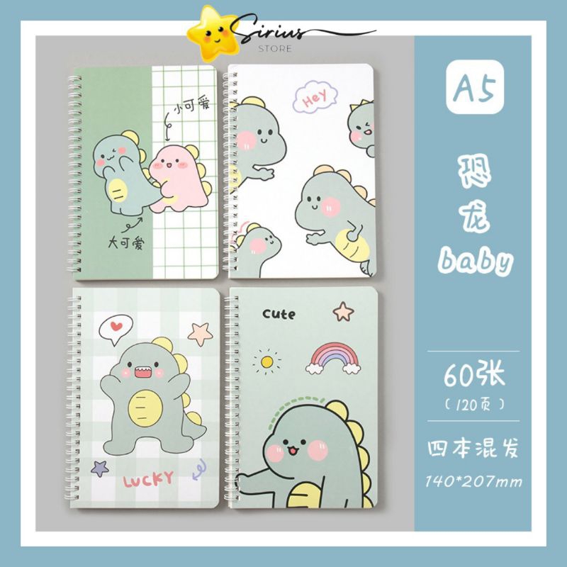 

60 Lembar Buku Tulis A5 Spiral Notebook Aesthetic Estetik Journal Motif Dino Kartun Lucu Garis Diary Planner / Buku Tulis Sekolah Dan Kantor - Sage