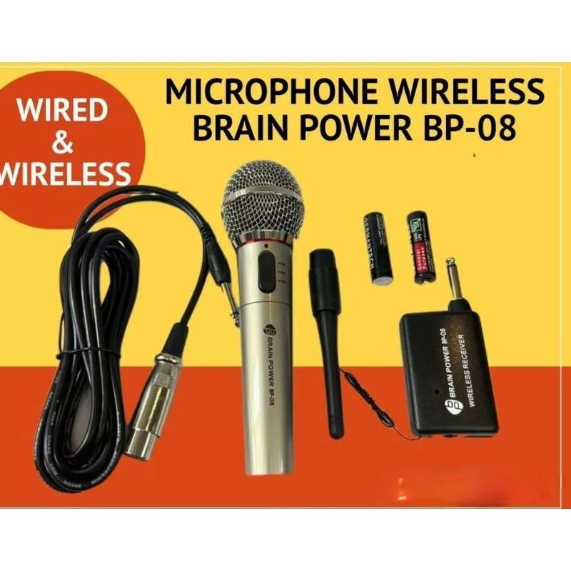 Microphone 2 In 1 Mic Profesional Brain Power BP08 Mic Wireless dan Kabel  Mikrofon Portable