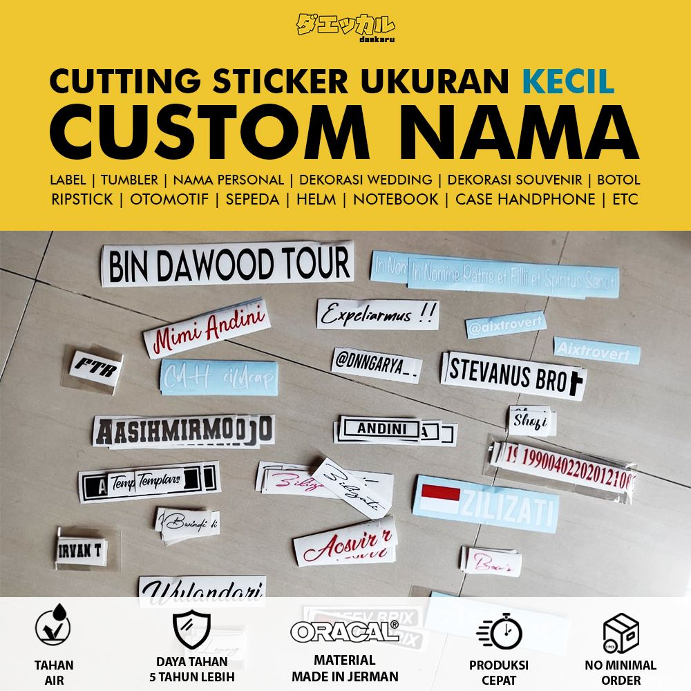 

Daekaru | Sticker Cutting Nama Tulisan Bebas Custom Logo Tumbler Label Helm Gelas Mobil Motor Sepeda Cuting Stiker Ukuran XS S M
