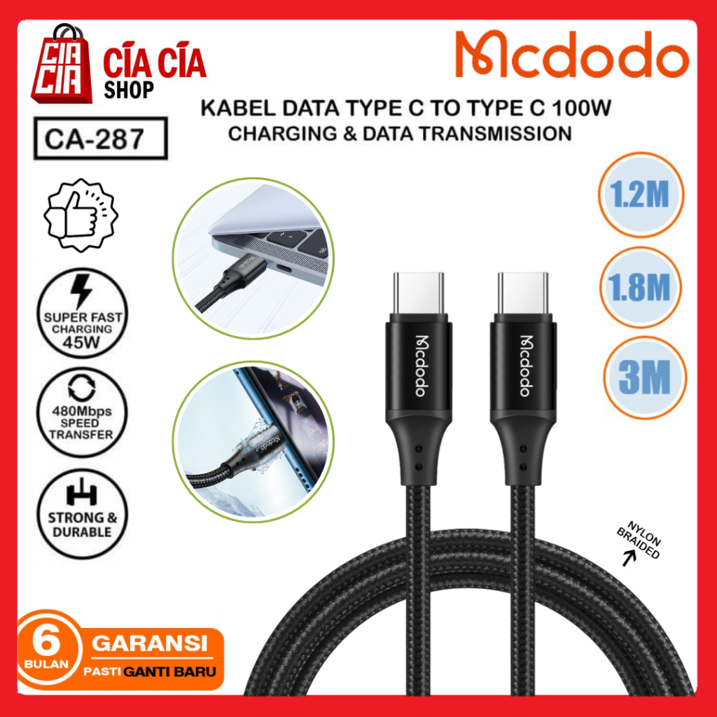 MCDODO CA-287 Kabel Type C To Type C 5A PD 100W Fast Charging USB C To USB C