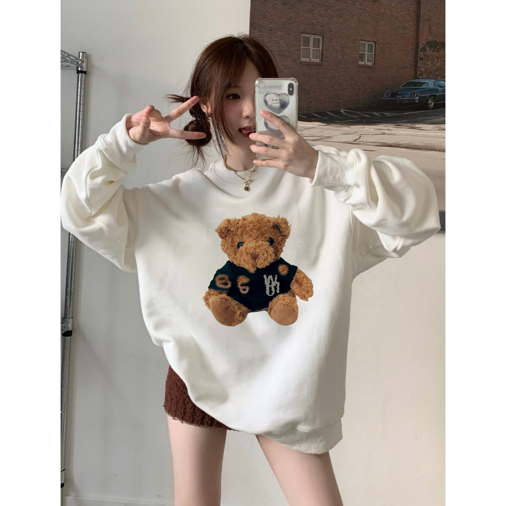 EUNII Sweater Lengan Panjang Cartoon Plush Bear Toy Painting Korean Style/Hoodie Oversize/Baju Wanita/Switer Wanita