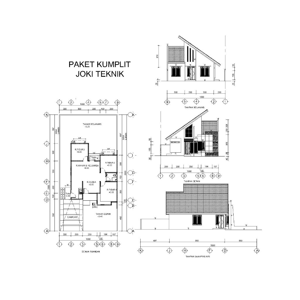 Denah Rumah dan Tampak 4 sisi II Paket Kumplit Bangunan Rumah Hotel Toko Gudang Kost dll
