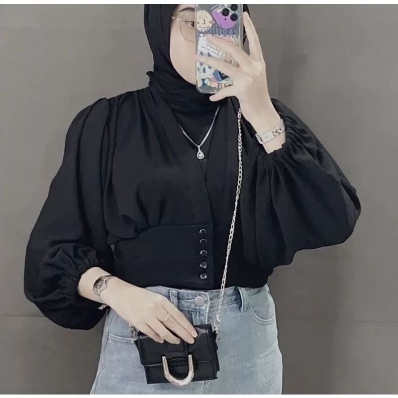 Tamstore Blouse Semi Outer Sheila Maurin Crop Top Blouse Wanita Kringkel Kekinian