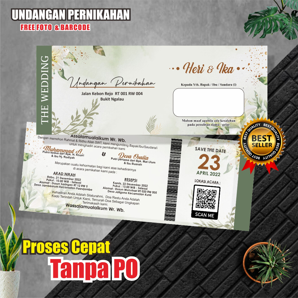 Undangan Pernikahan 1 Lembar bolak balik K2 free(desain, plastik, barcodedan foto)