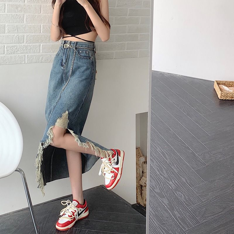 Rok Denim Wanita Model A Panjang Sedang Terbaru Dengan Pinggang Tinggi Dan Hem Tidak Rata