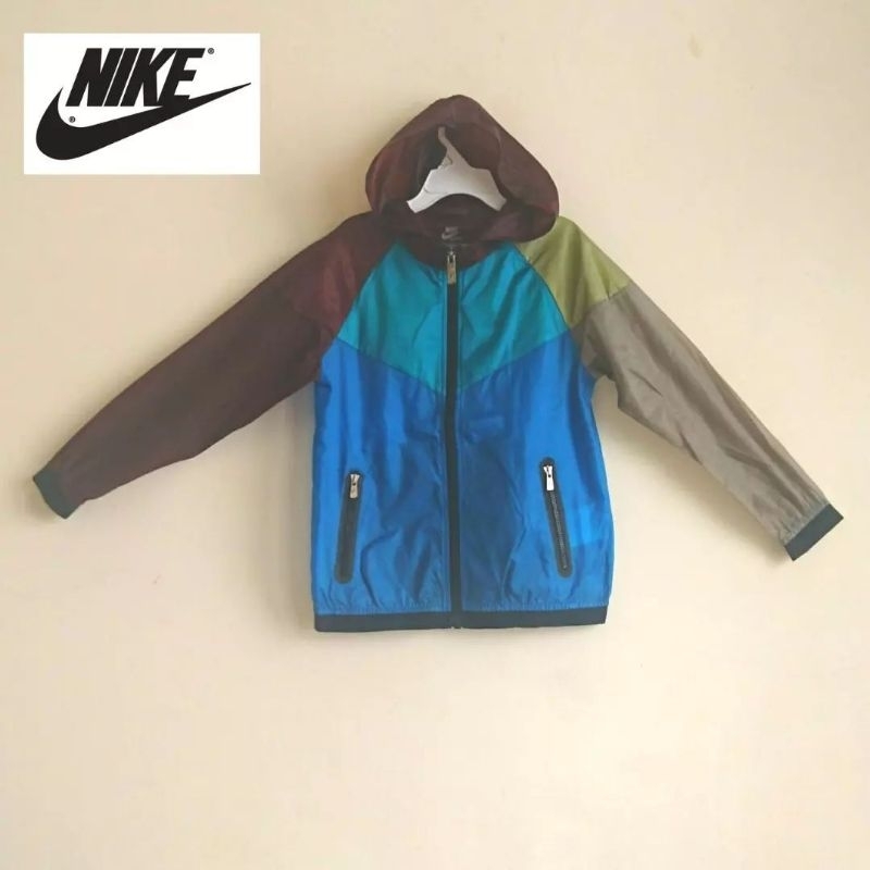 Jaket outer hoodie running windbreaker full zipper anak 4-5 Thn Nike biru hijau coklat pl