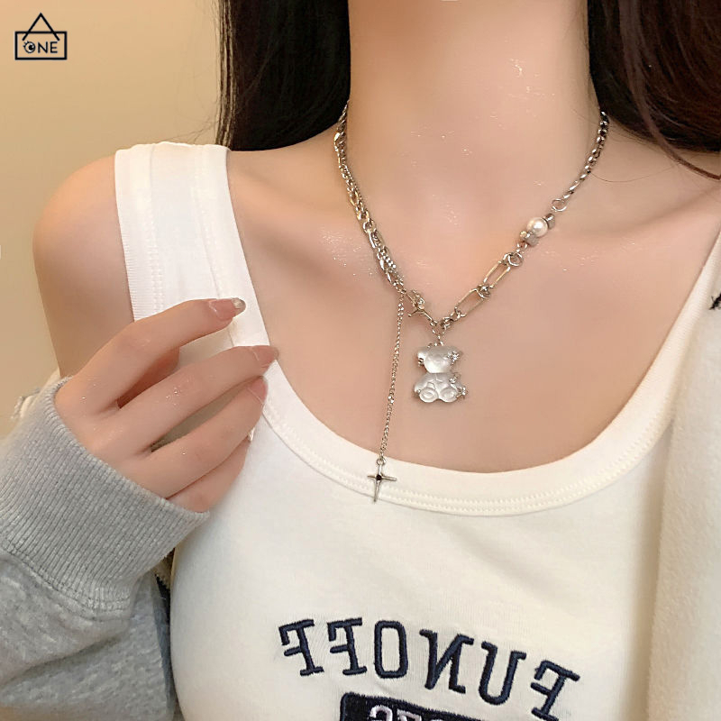 COD❤️Kalung beruang wanita korea rantai rumbai mutiara bear tulang selangka kepribadian angin sejuk yang manis dan sejuk perempuan