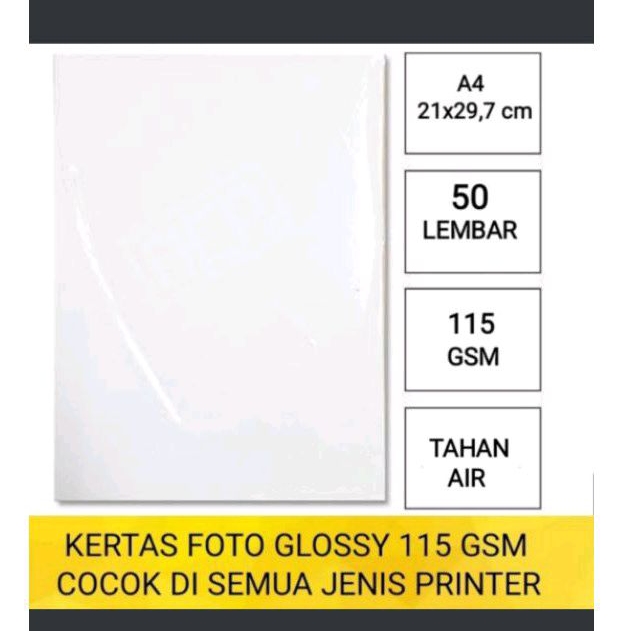kertas foto glossy 115 gsm A4 isi 50 lembar/photo paper glossy inkjet