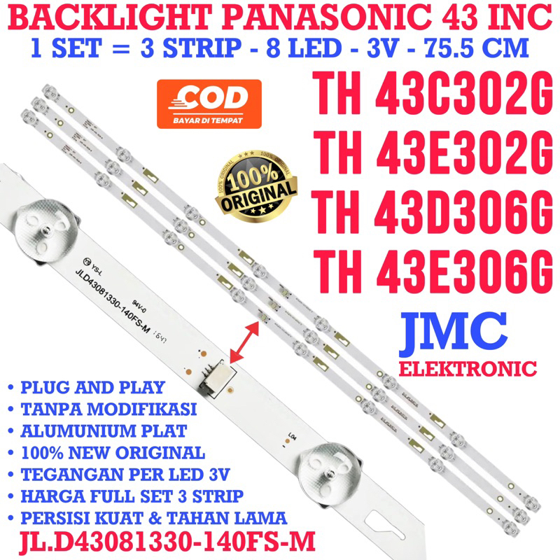 Backlight Tv Led Panasonic 43 inch Th43c302g Th43e302g Th43d306g Th43e306g Th 43c302g 43e306g 43d306g 43e306g Lampu BL 43 inc 8k 3v 8 kancing mata 3 volt