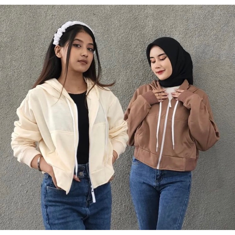 JAKET CROOPE HOODIE ZIPPER OVERSIZE - SWEATER OMERA CROPE WANITA