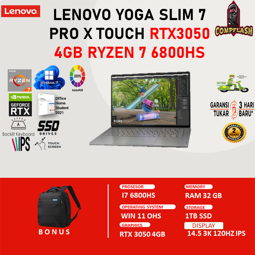 LAPTOP LENOVO YOGA SLIM 7 PRO X TOUCH RTX3050 4GB RYZEN 7 6800HS CREATOR 32GB 1TBSSD W11 OHS 14.5 3K 120HZ IPS