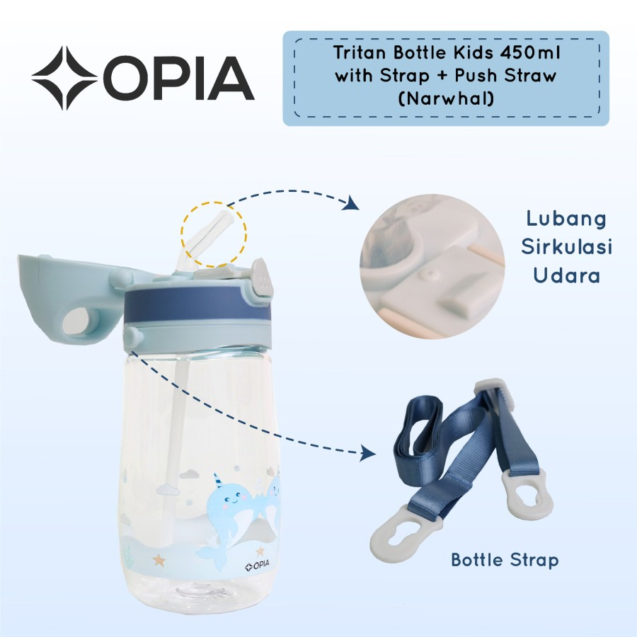 OPIA Tritan Bottle Kids Strap &amp; Push Straw 450ml - Unicorn / Bear Botol Minum Anak Kecil