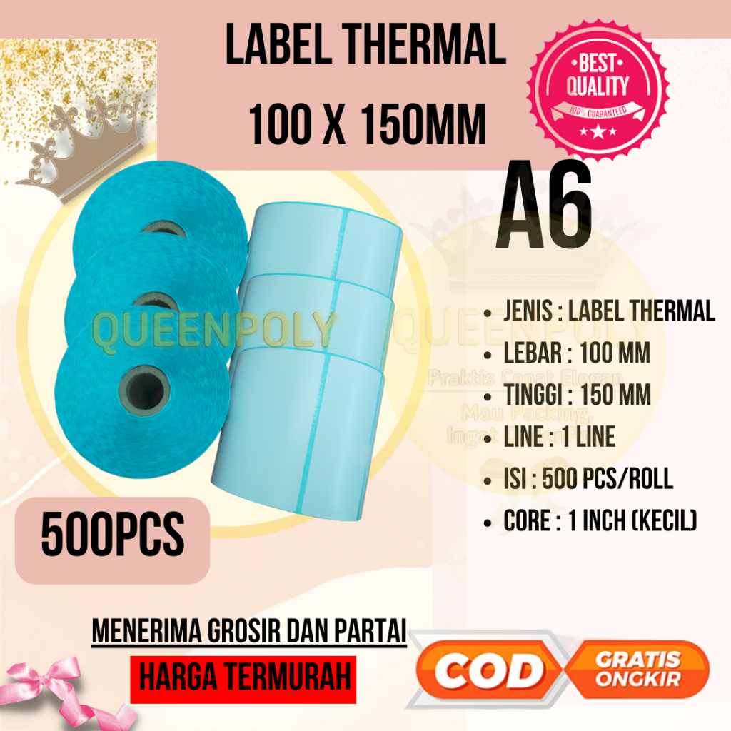Kertas Thermal Stiker Label Resi Sticker Label Barcode Roll ukuran A6 100x150 mm isi 500pcs 100x150mm isi 500 PCS
