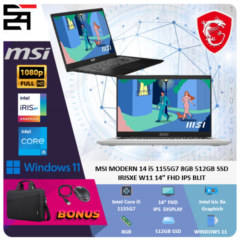 MSI Modern 14 i5 1155G7 8GB 512GB SSD Iris Xe W11 14 Inchi FHD IPS Blit