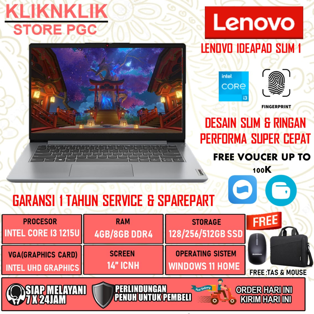 LENOVO IDEAPAD SLIM 1 INTEL CORE I3 1215U RAM 8GB 512GB SSD FINGERPRINT WINDOWS 11 HOME