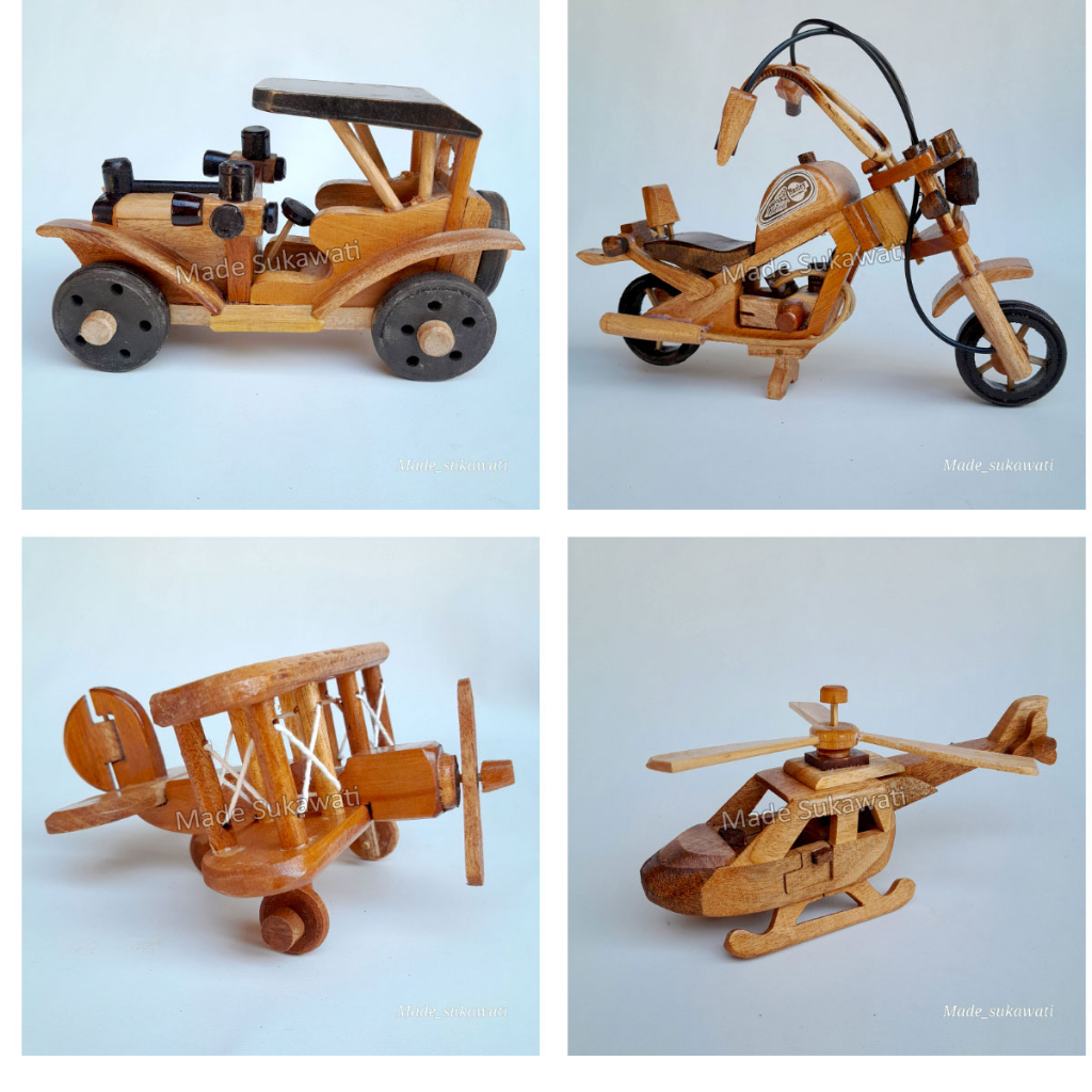 Miniatur mobil klasik motor pesawat helikopter kerajinan kayu handmade