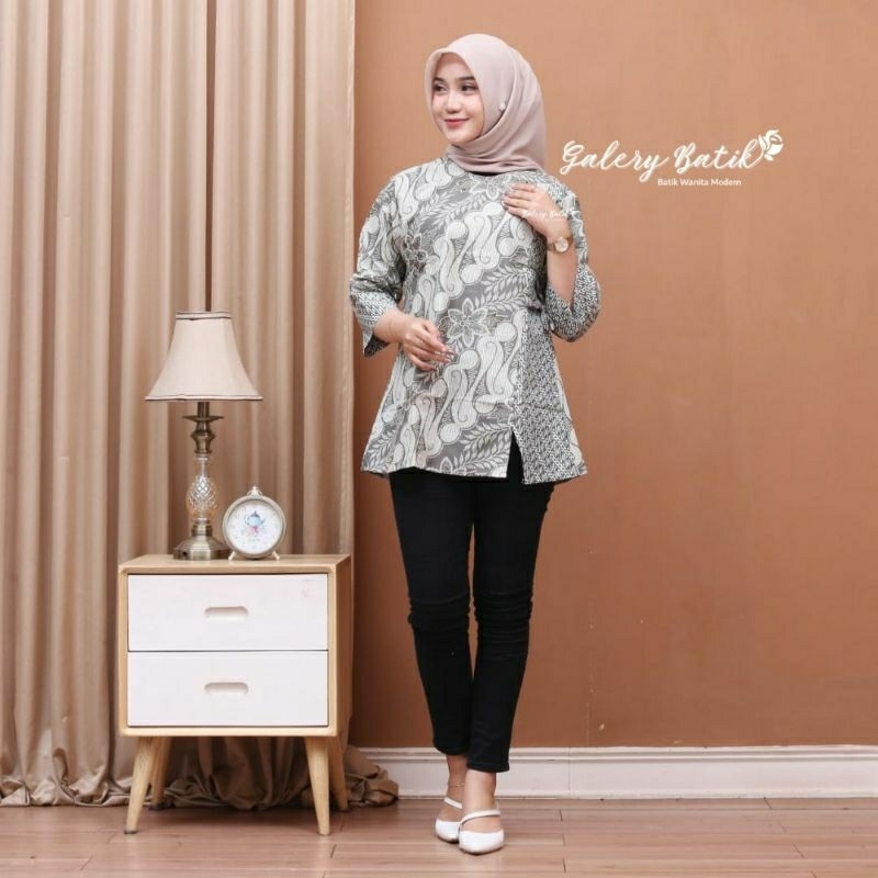Baju Batik Atasan Wanita Lengan Panjang Modern Kombinasi Kain Polos Bahan Katun Adem Blouse Motif Bu