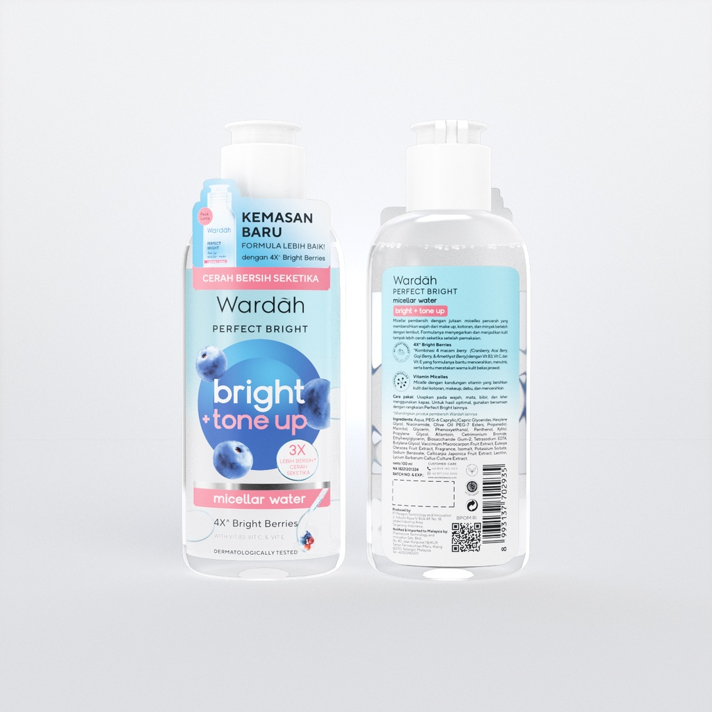 Wardah Perfect Bright Tone Up Micellar Water, pembersih wajah tanpa bilas dengan jutaan micelles pencerah yang bersihkan wajah dari make up, kotoran, dan minyak berlebih dengan lembut. Formula Cucumber Extract membuat kulit terasa lebih segar dan menjadik