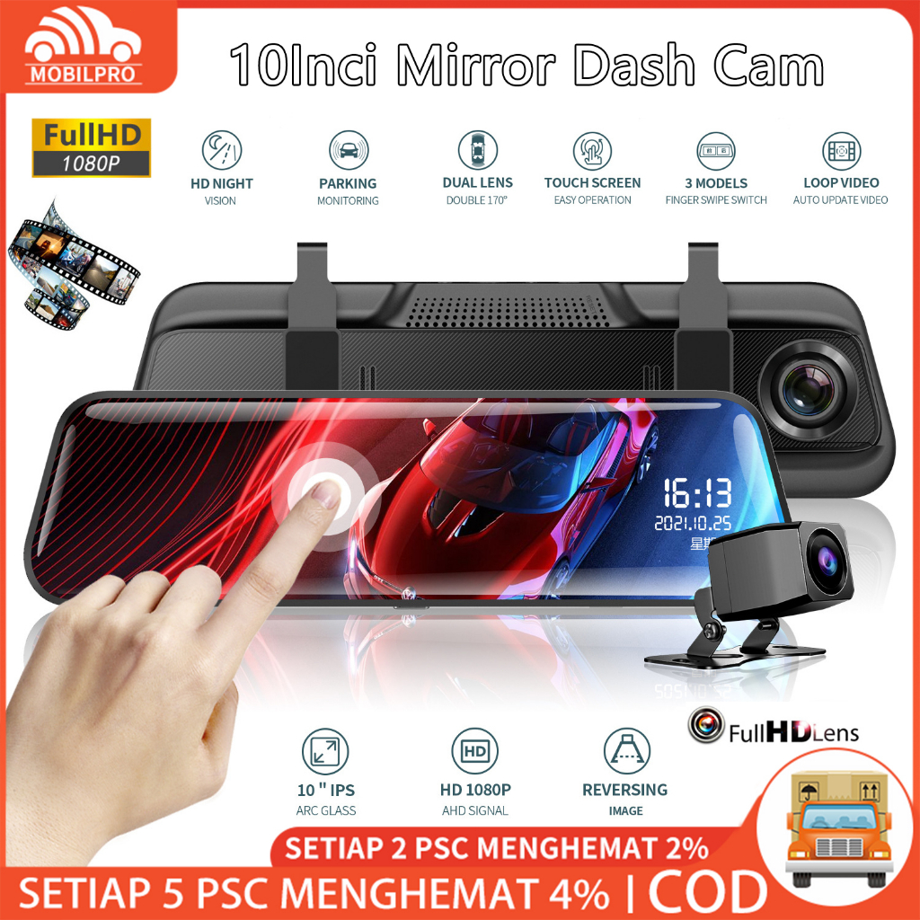 Dash Cam Car DVR Camera 10inci IPS Touch Screen Rearview Mirror Full HD 1080P Night Vision Stream Media Dual Lens Car Camera Spion 170° Wide Loop Recording